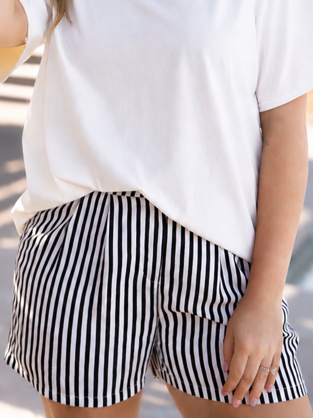 Trouser Shorts | Black Stripes | Grace+Emma | Women's Pleated Elastic Waist Shorts | XS–3XL