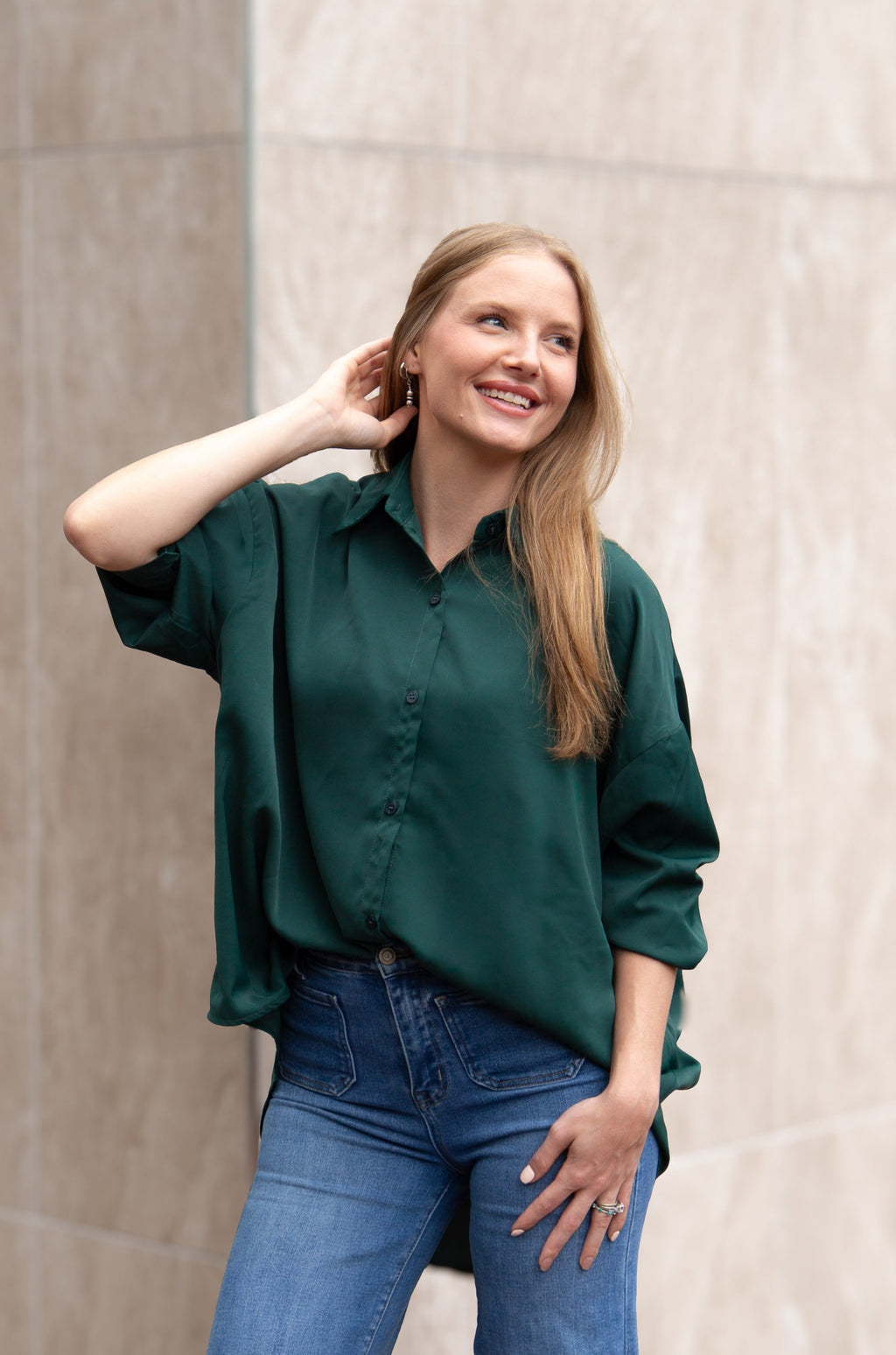 Kathryn Classic Button-Up Shirt, Forest Green | Grace+Emma