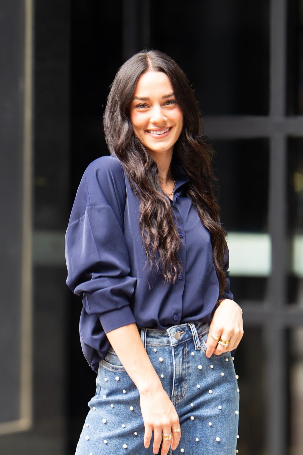 Kathryn Classic Button-Up Shirt, Navy | Grace+Emma