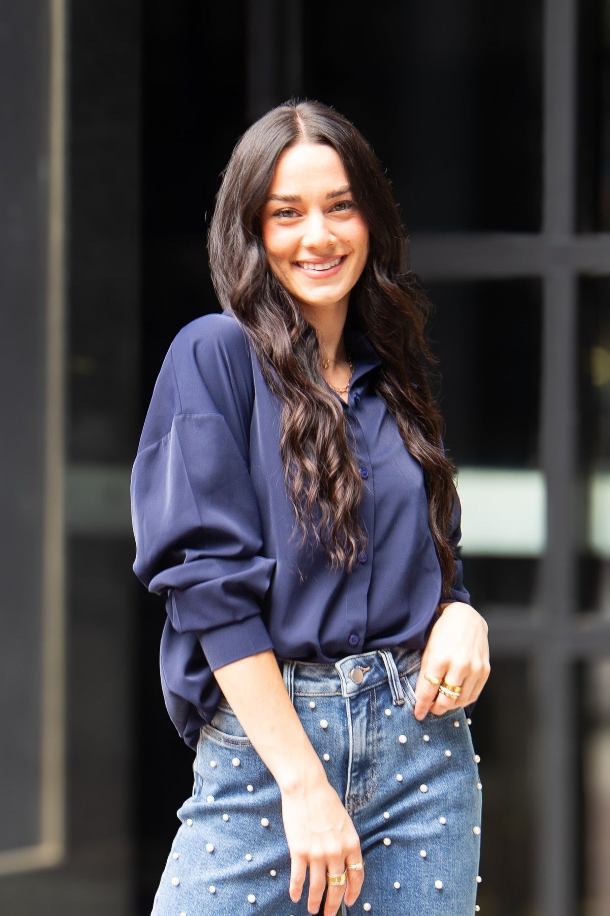 Kathryn Classic Button-Up Shirt, Navy | Grace+Emma