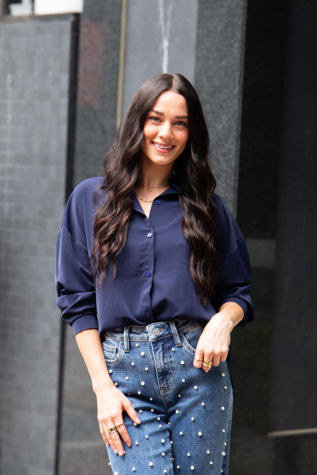 Kathryn Classic Button-Up Shirt, Navy | Grace+Emma