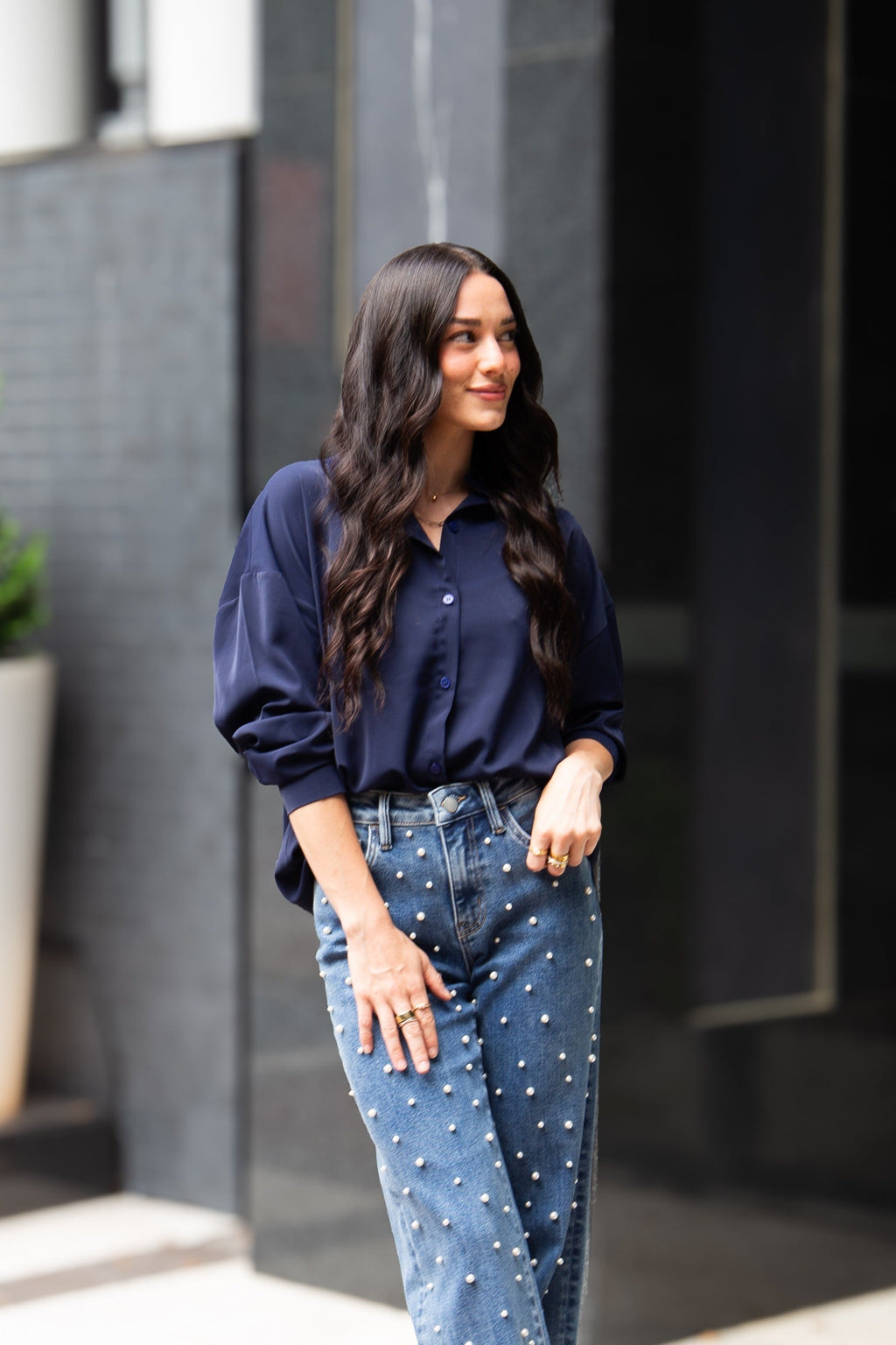 Kathryn Classic Button-Up Shirt, Navy | Grace+Emma