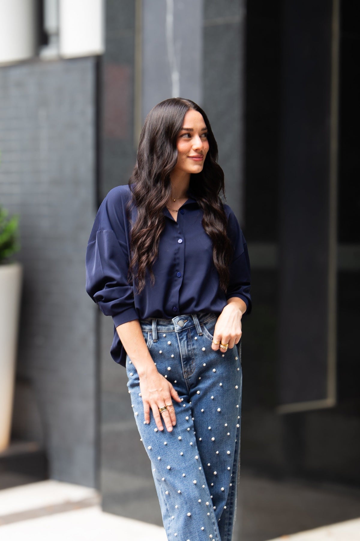 Kathryn Classic Button-Up Shirt, Navy | Grace+Emma