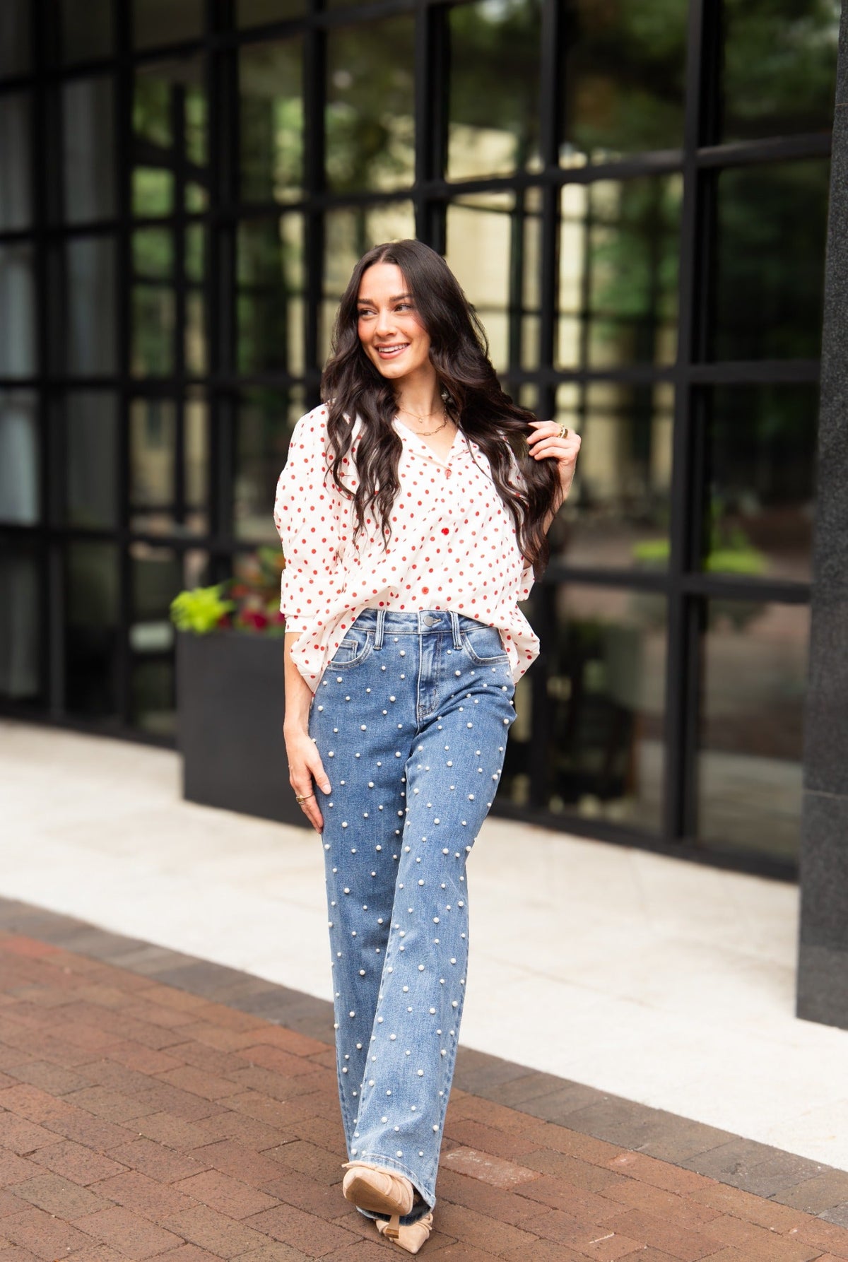 Kathryn Classic Button-Up Shirt, Red Polka-Dot | Grace+Emma