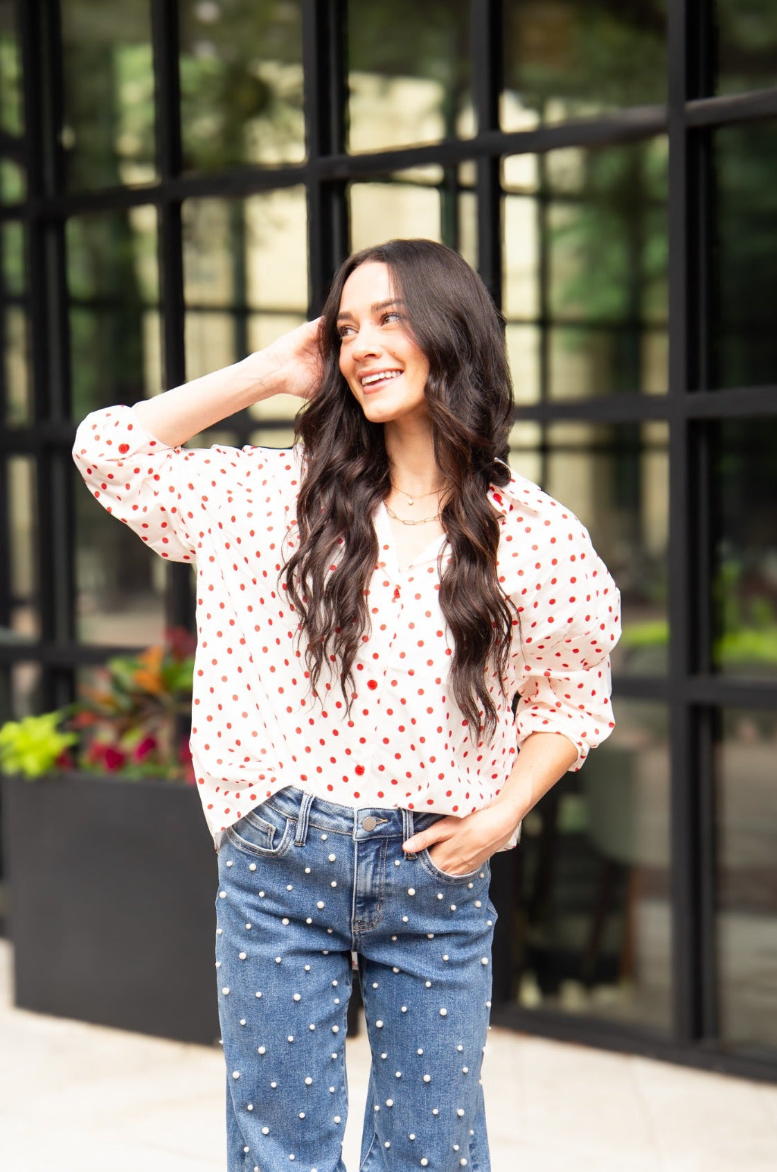 Kathryn Classic Button-Up Shirt, Red Polka-Dot | Grace+Emma