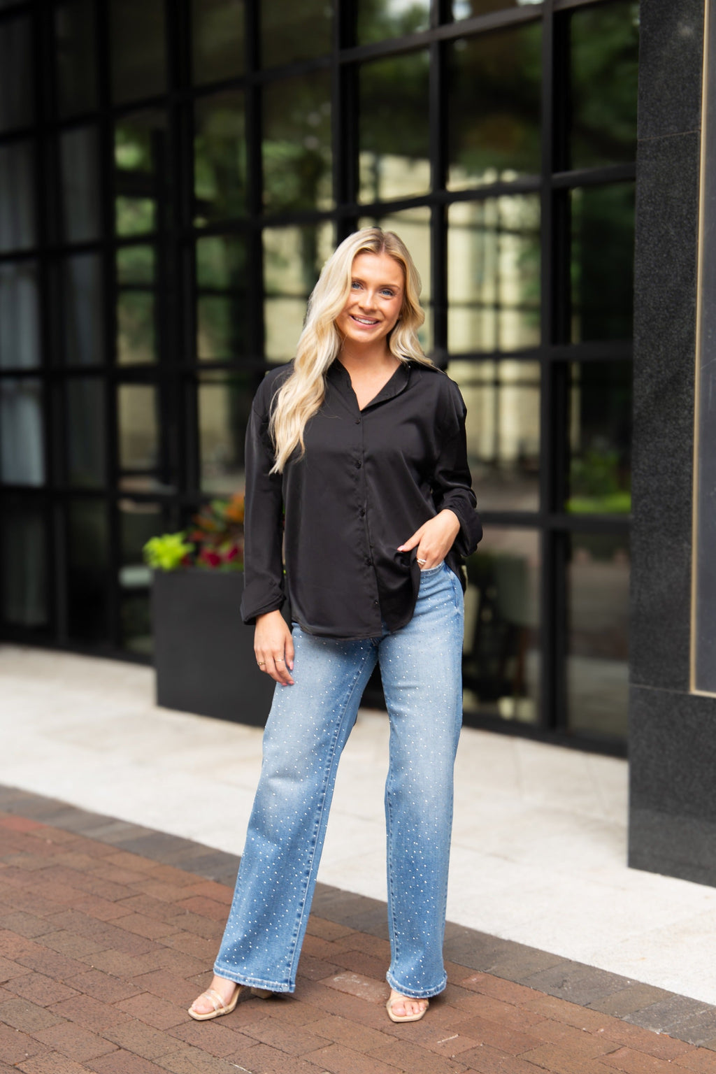 Kathryn Classic Button-Up Shirt, Black | Grace+Emma