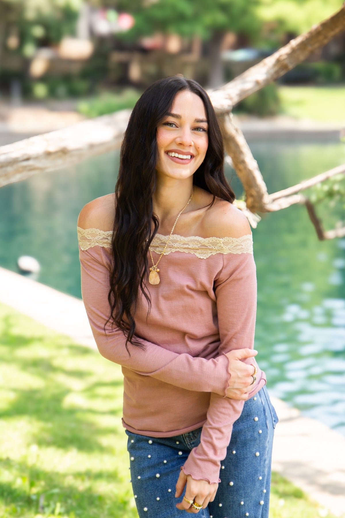 Long-Sleeve Off-the-Shoulder Top with Lace Trim, Mauve | Grace+Emma
