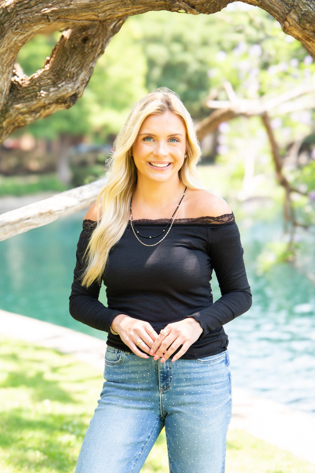 Long-Sleeve Off-the-Shoulder Top with Lace Trim, Black | Grace+Emma
