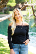 Long-Sleeve Off-the-Shoulder Top with Lace Trim, Black | Grace+Emma