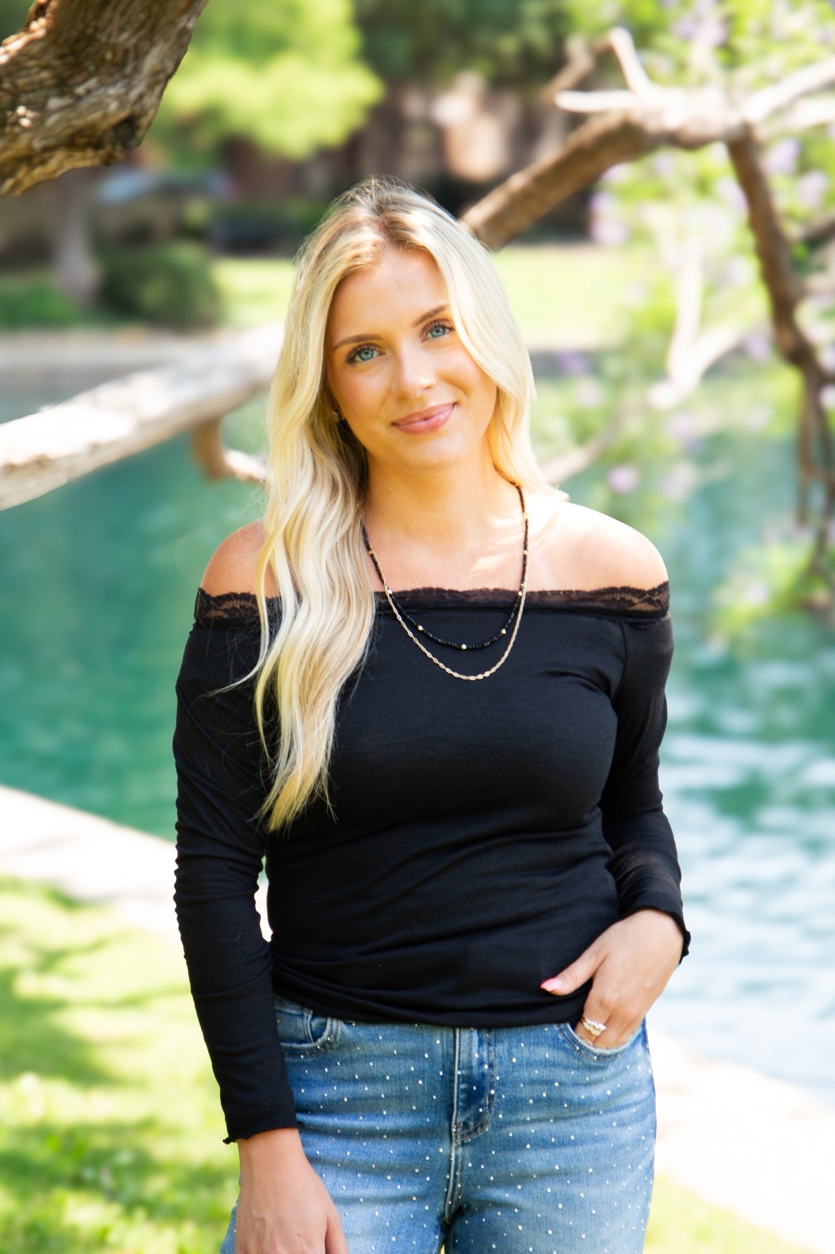 Long-Sleeve Off-the-Shoulder Top with Lace Trim, Black | Grace+Emma