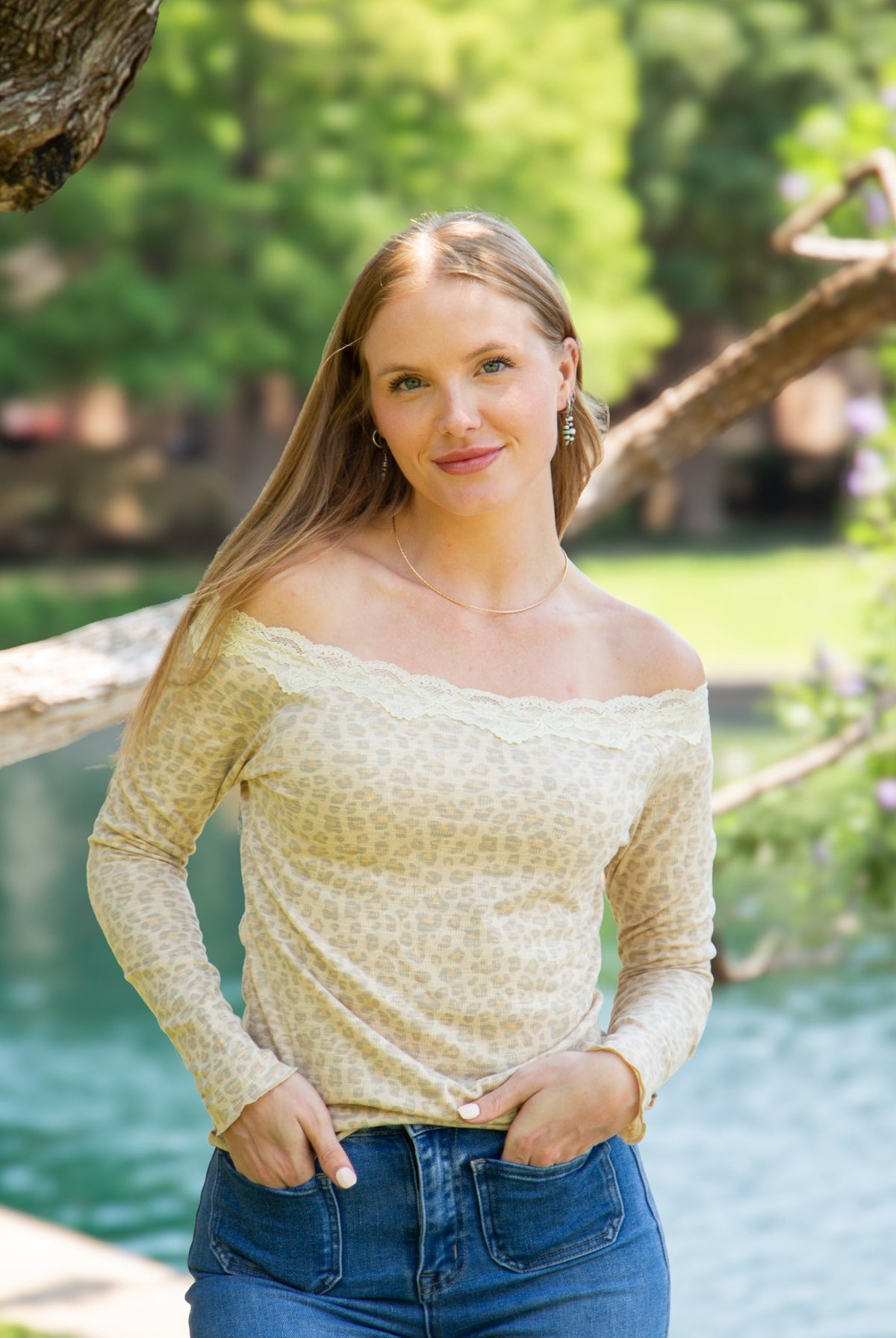 Long Sleeve Off-the-Shoulder Lace Trim Top, Leopard | Grace+Emma