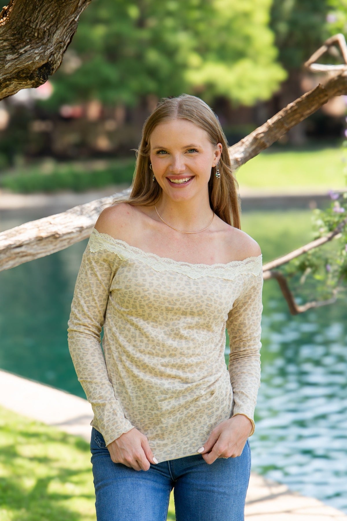 Long Sleeve Off-the-Shoulder Lace Trim Top, Leopard | Grace+Emma