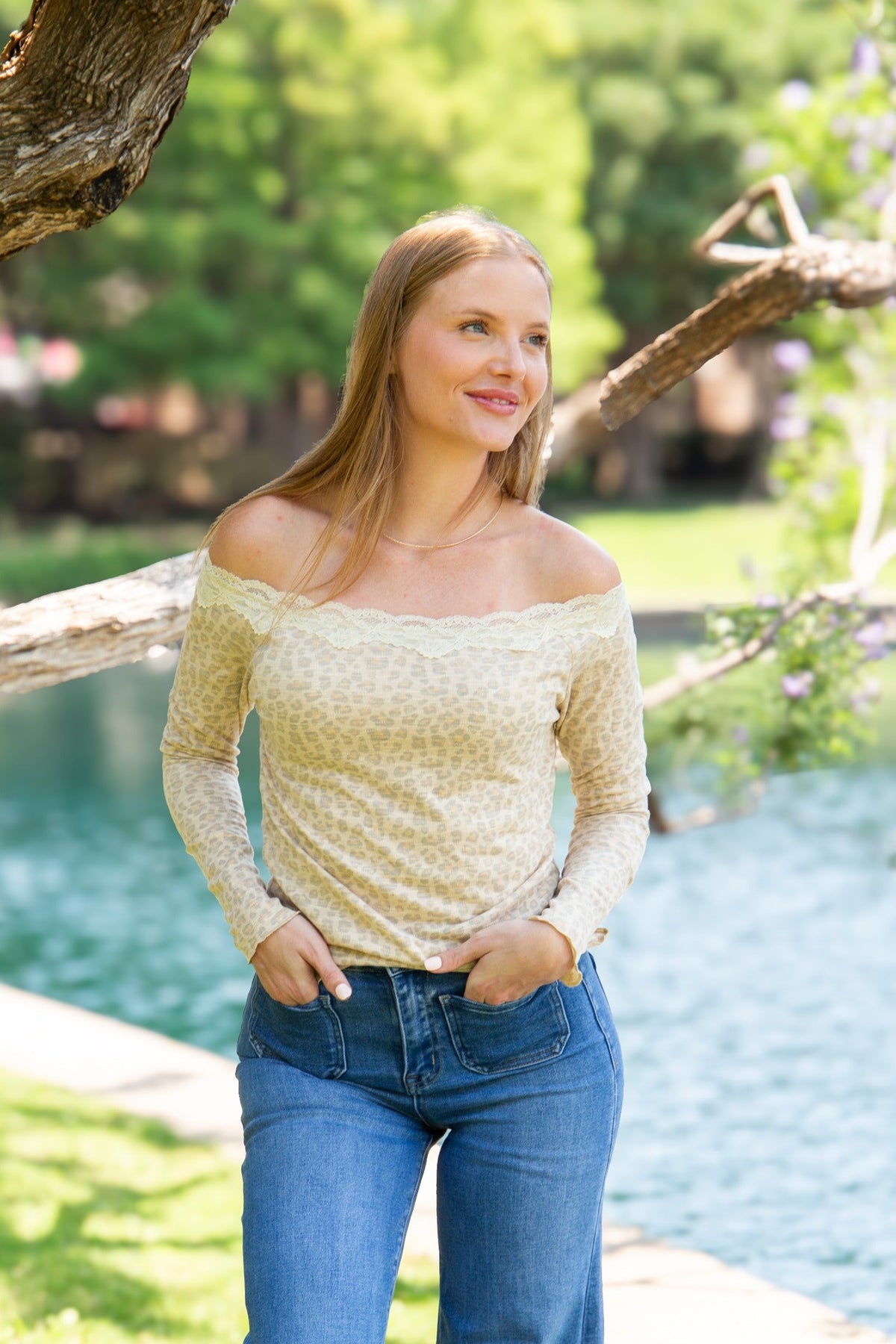 Long Sleeve Off-the-Shoulder Lace Trim Top, Leopard | Grace+Emma