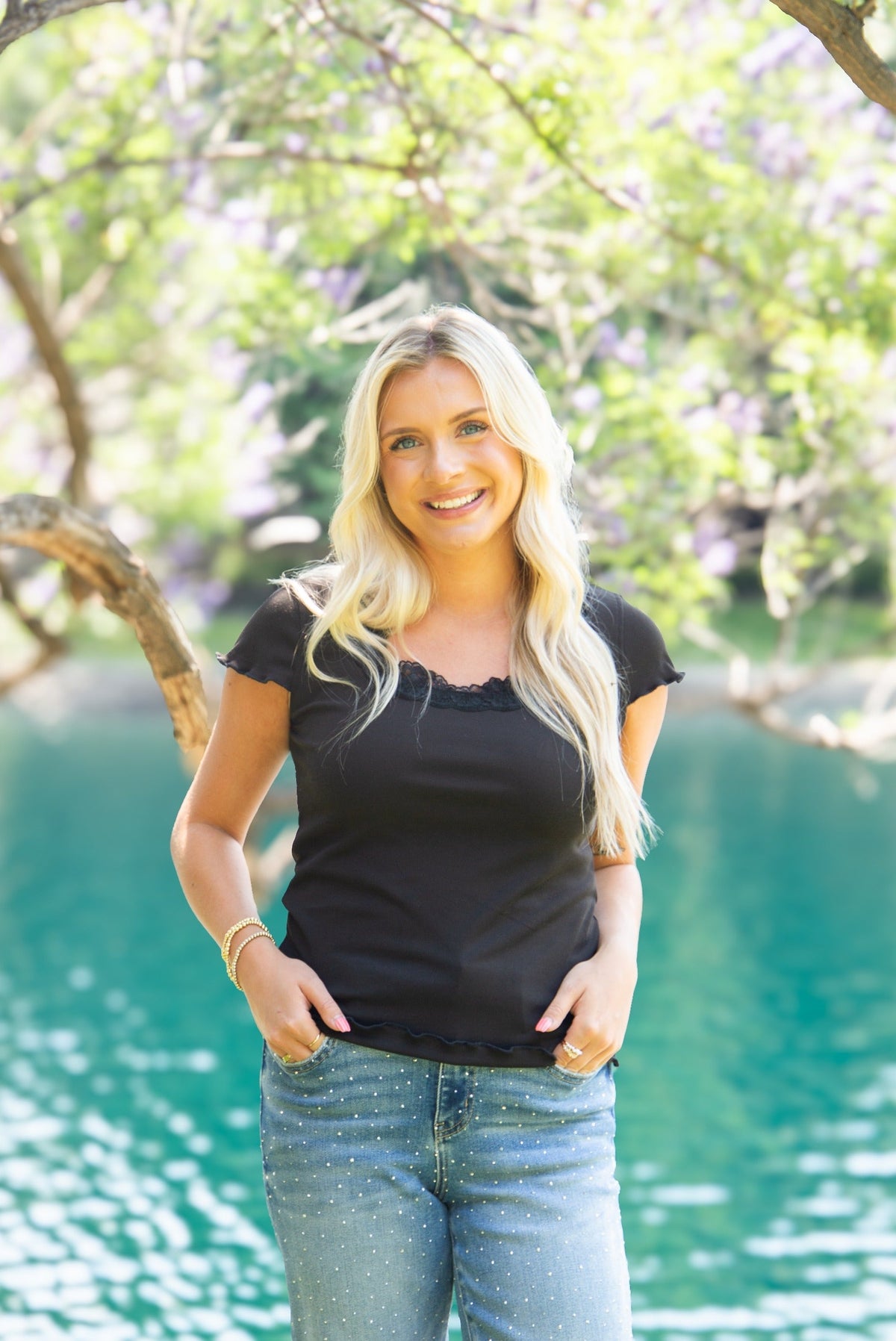 Square Neck Tee with Lace Trim, Black | Grace+Emma