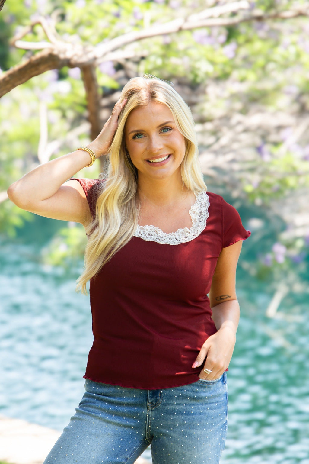 Square Neck Tee with Lace Trim, Maroon | Grace+Emma