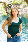 Square Neck Tee with Lace Trim, Forest Green | Grace+Emma