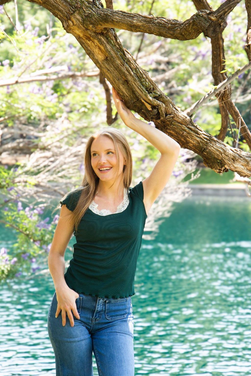 Square Neck Tee with Lace Trim, Forest Green | Grace+Emma