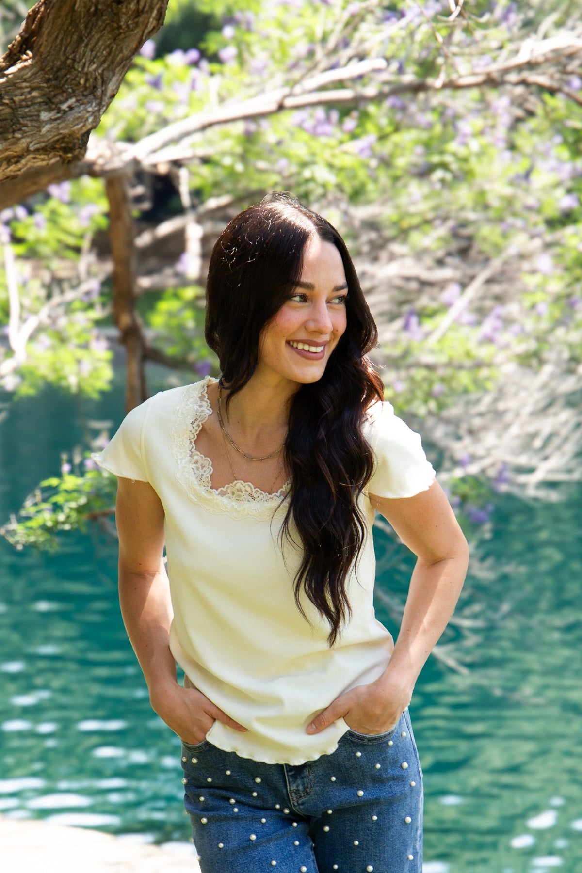 Square Neck Tee with Lace Trim, Ivory | Grace+Emma