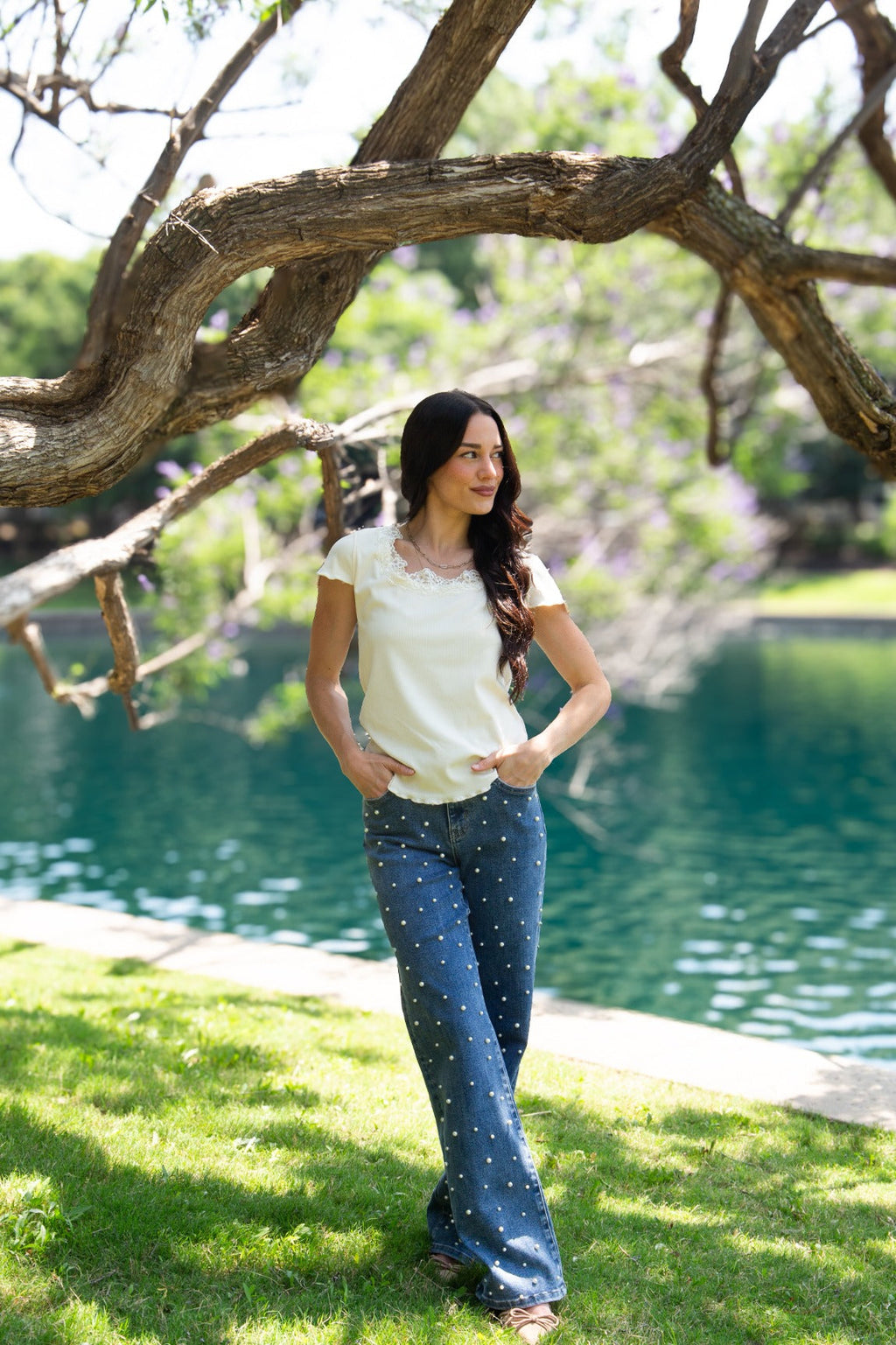 Square Neck Tee with Lace Trim, Ivory | Grace+Emma