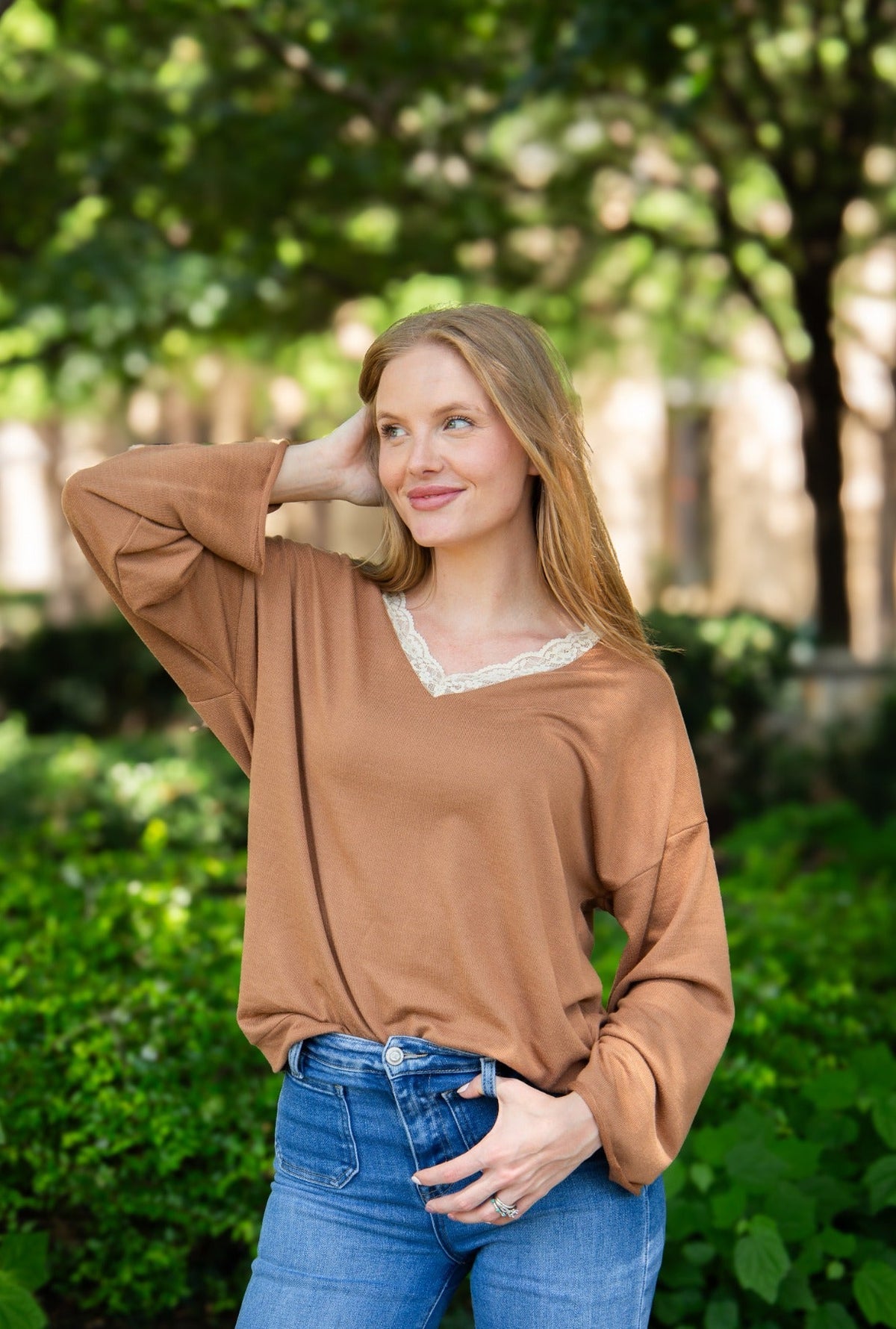 V-Neck Top with Lace Trim, Brown | Grace+Emma
