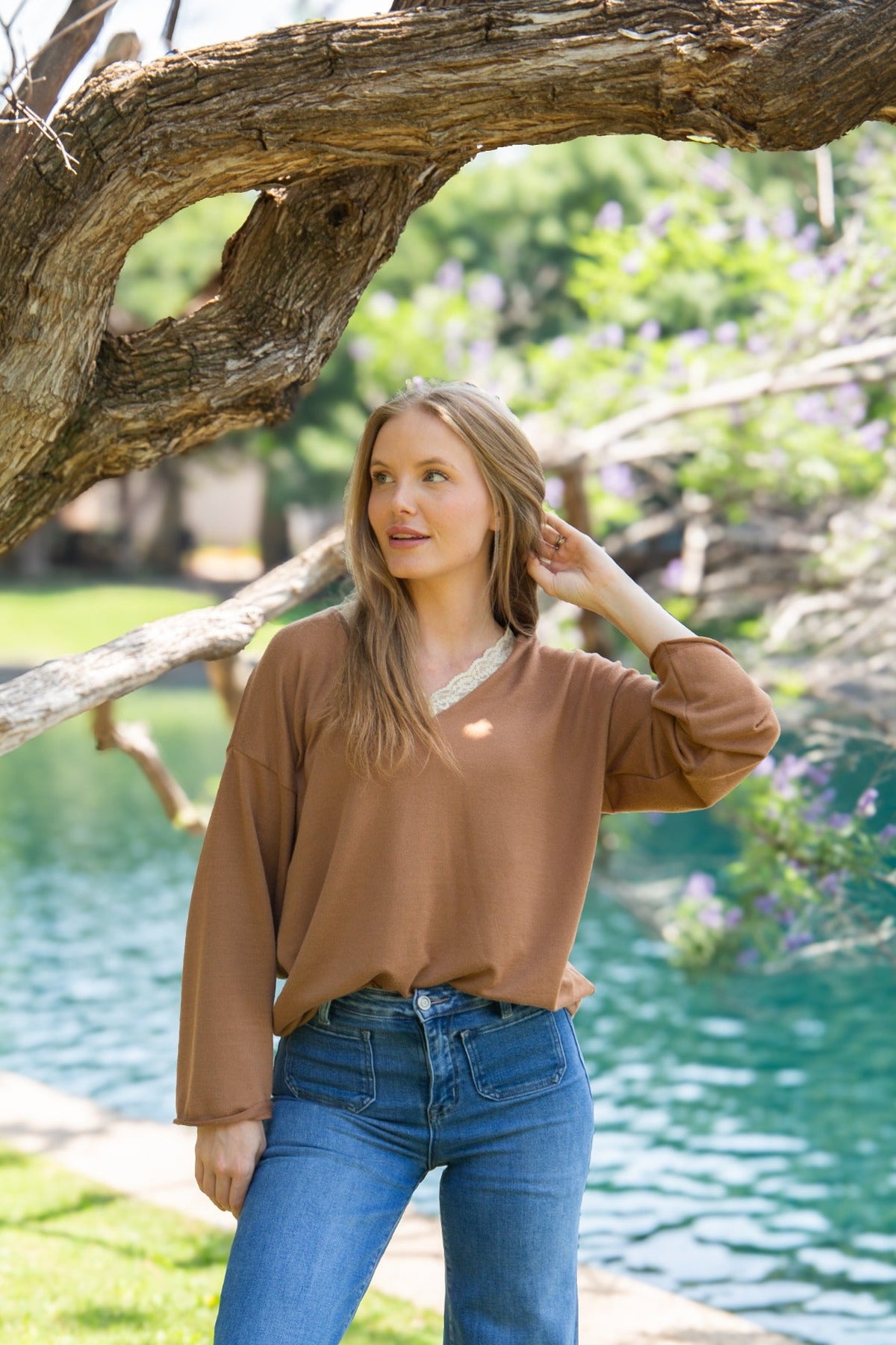V-Neck Top with Lace Trim, Brown | Grace+Emma