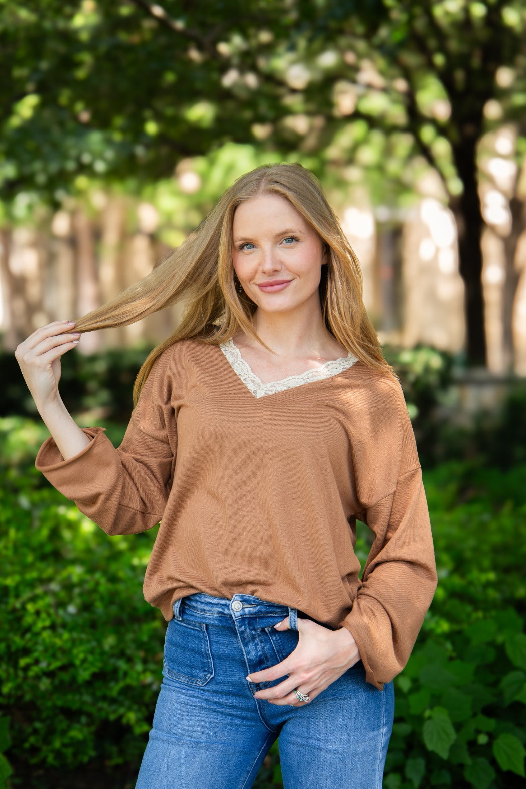 V-Neck Top with Lace Trim, Brown | Grace+Emma