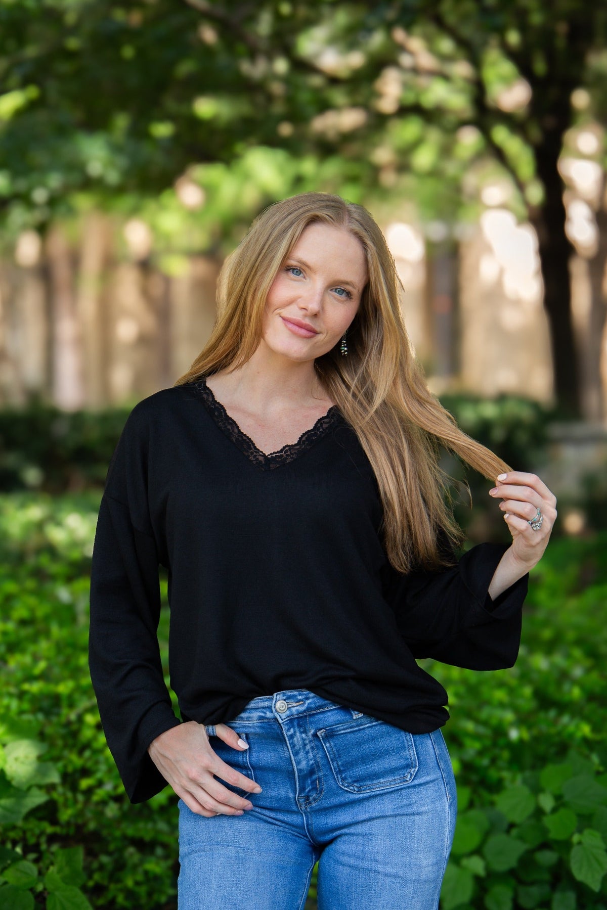 V-Neck Top with Lace Trim, Black | Grace+Emma