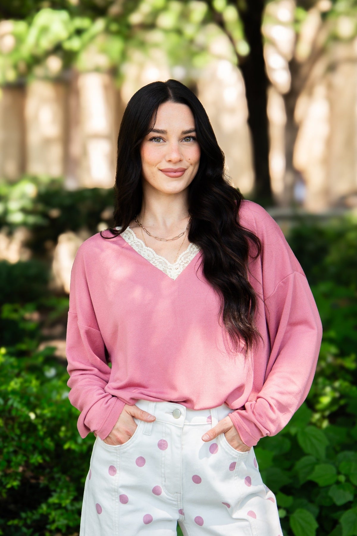 V-Neck Top with Lace Trim, Dusty Rose | Grace+Emma