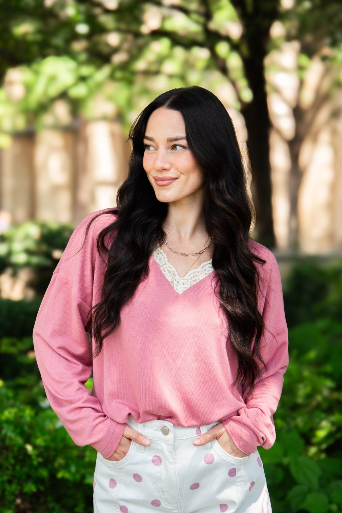 V-Neck Top with Lace Trim, Dusty Rose | Grace+Emma