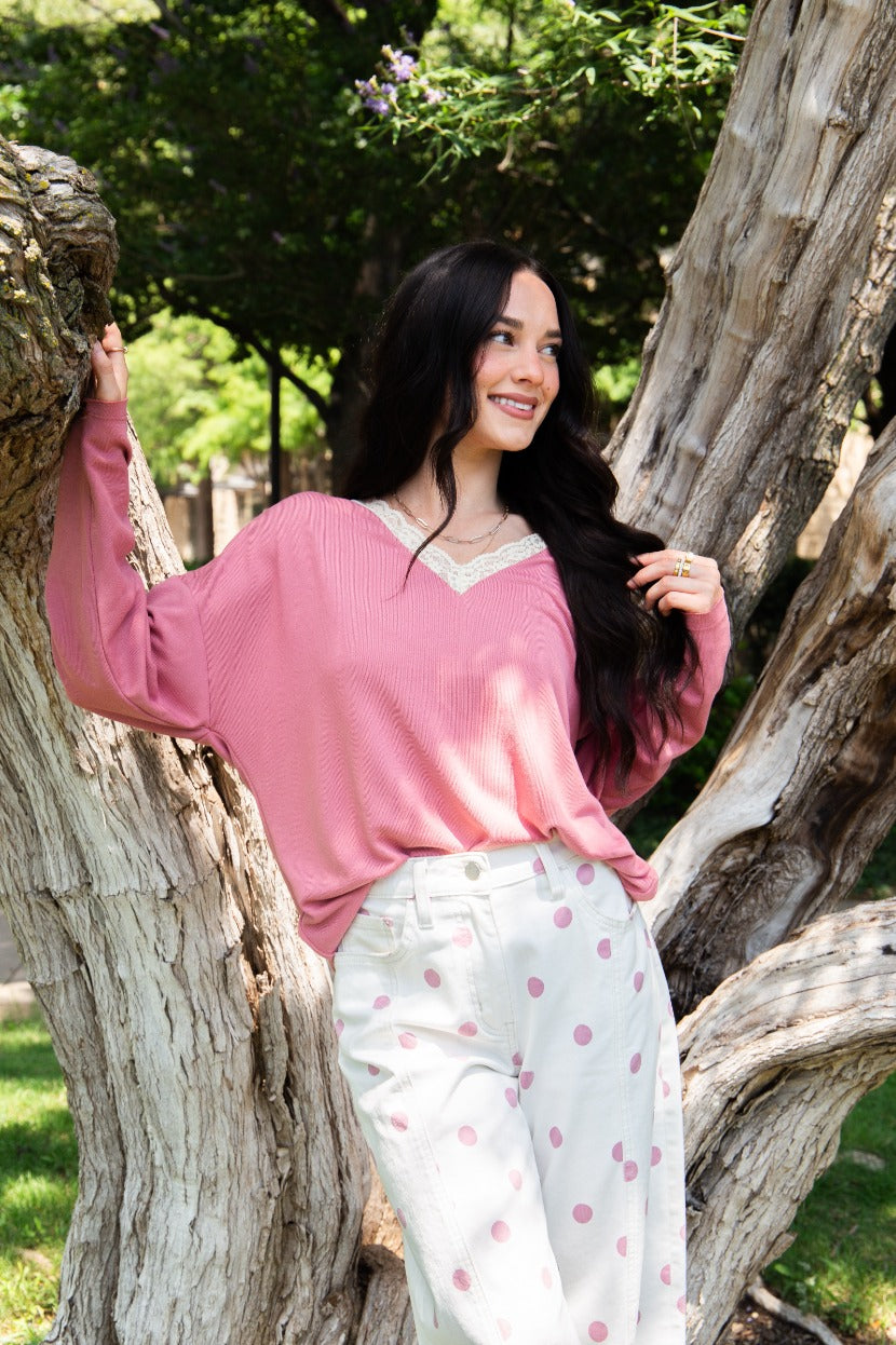 V-Neck Top with Lace Trim, Dusty Rose | Grace+Emma