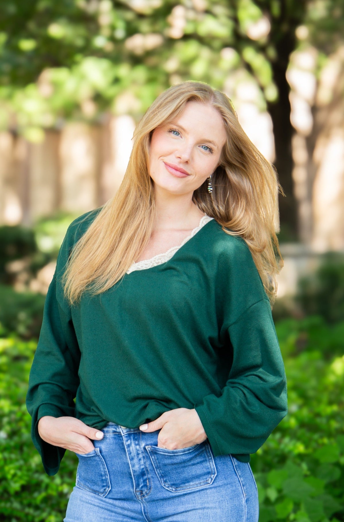 V-Neck Top with Lace Trim, Forest Green | Grace+Emma