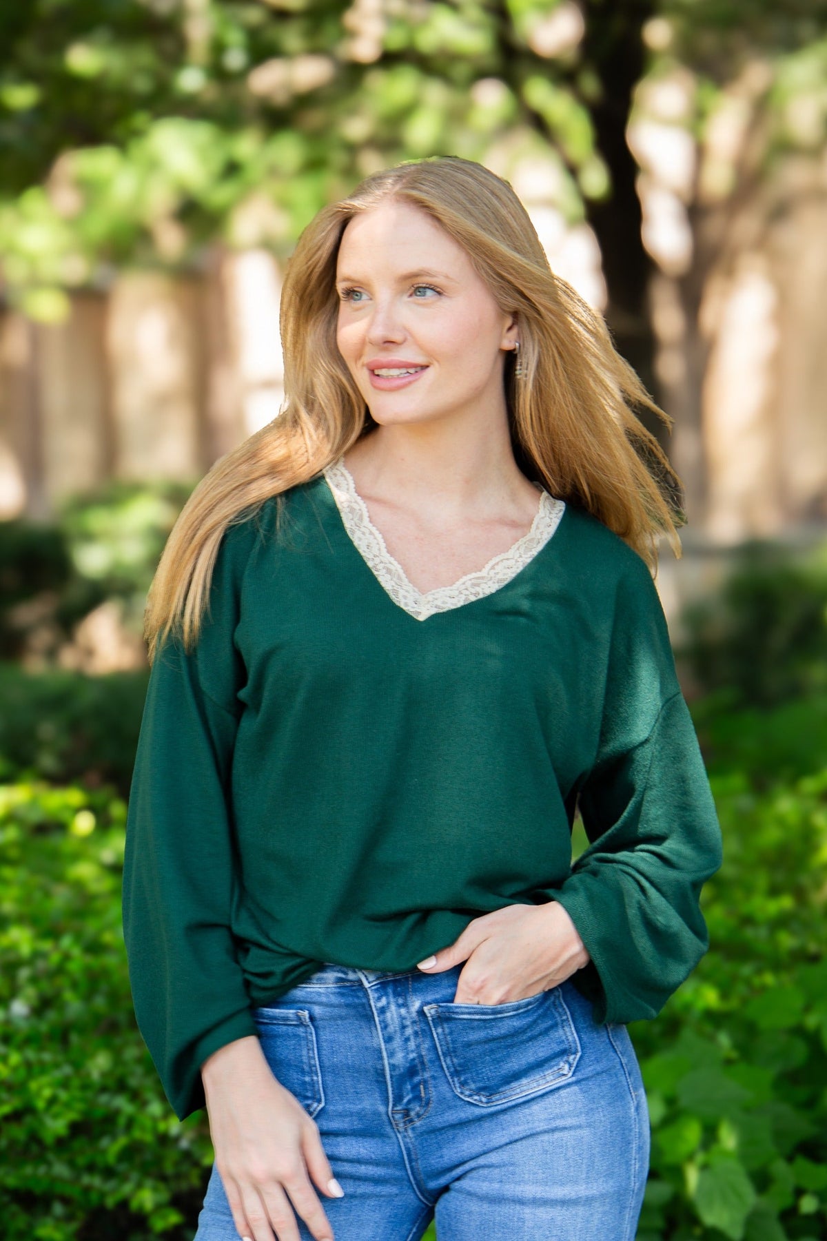V-Neck Top with Lace Trim, Forest Green | Grace+Emma