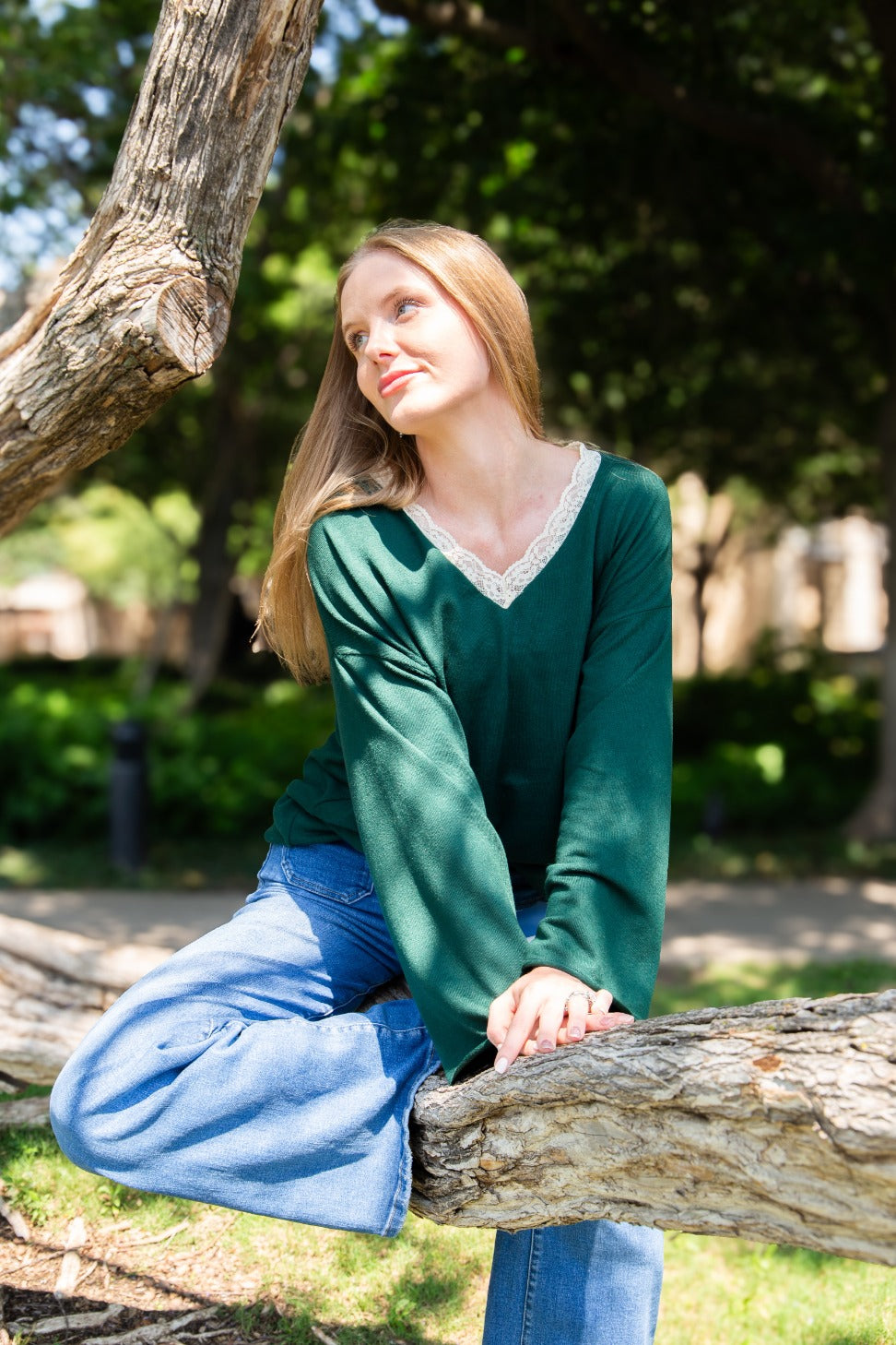 V-Neck Top with Lace Trim, Forest Green | Grace+Emma