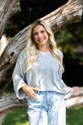 V-Neck Top with Lace Trim, Grey | Grace+Emma
