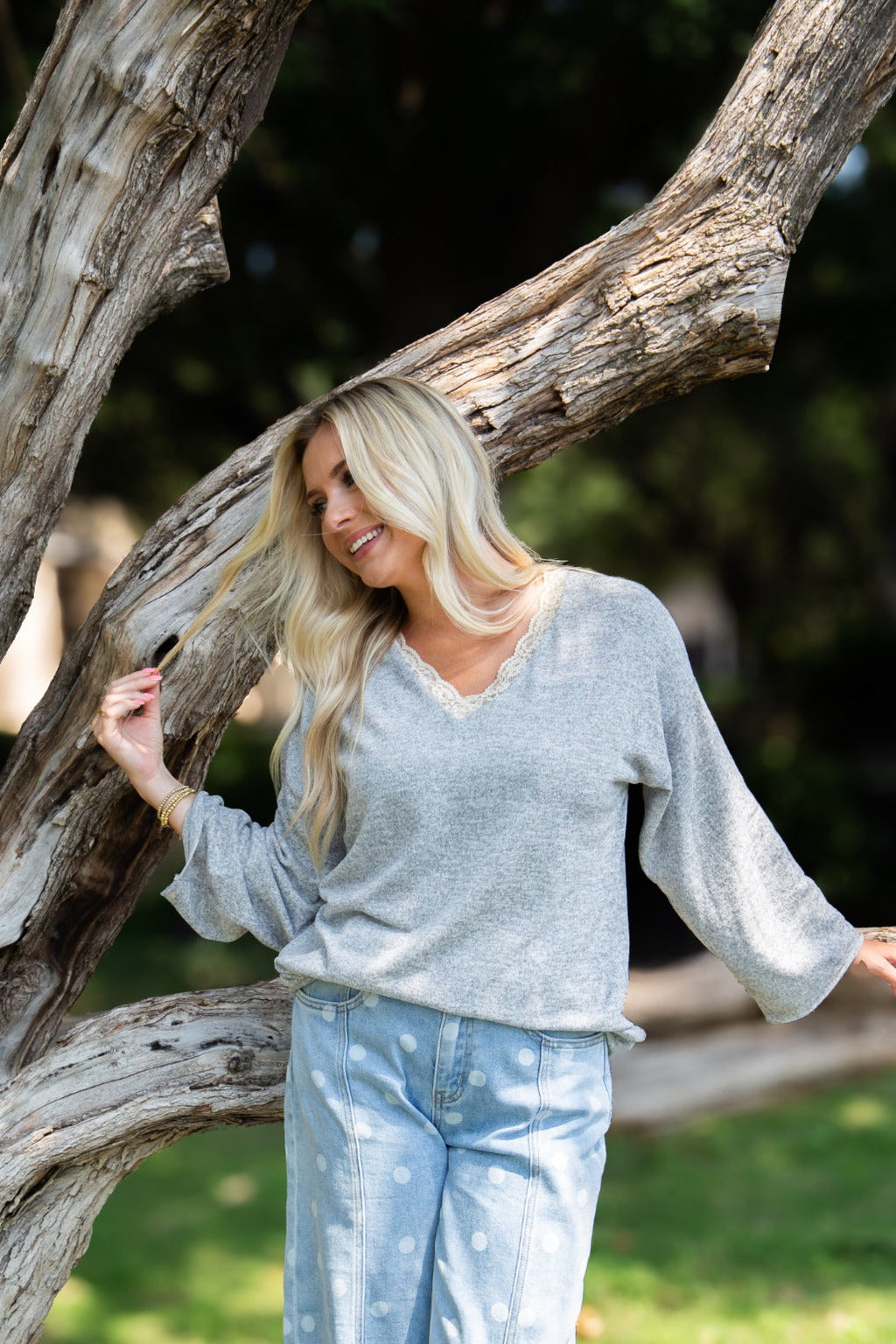 V-Neck Top with Lace Trim, Grey | Grace+Emma