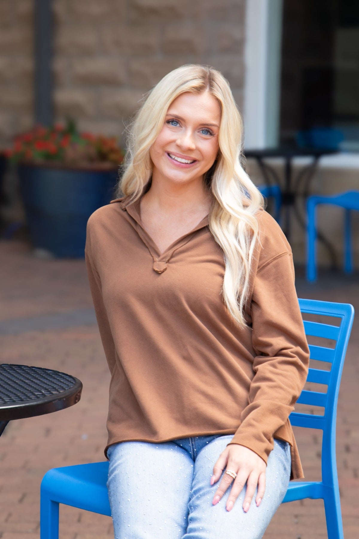 V-Neck Collared Pullover, Brown | Grace+Emma
