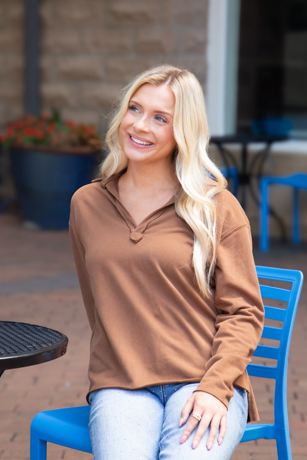V-Neck Collared Pullover, Brown | Grace+Emma