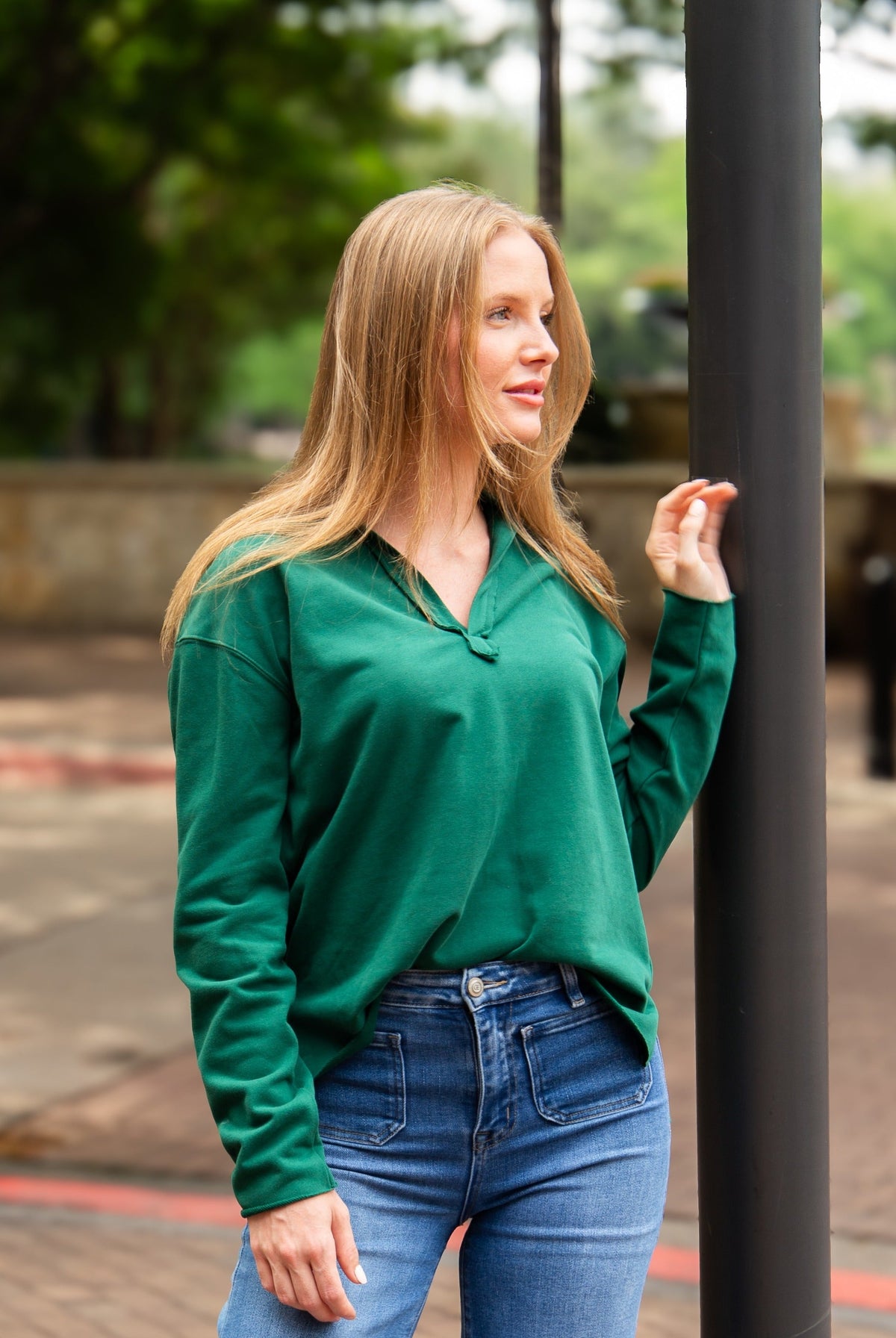 V-Neck Collared Pullover, Green | Grace+Emma