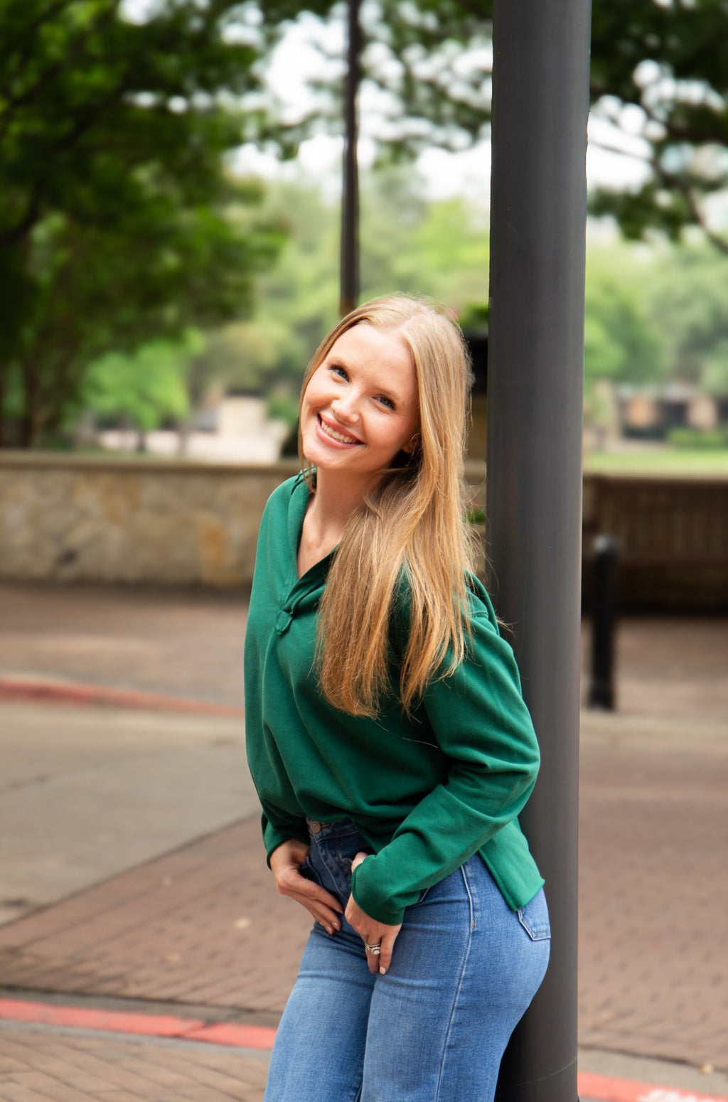 V-Neck Collared Pullover, Green | Grace+Emma