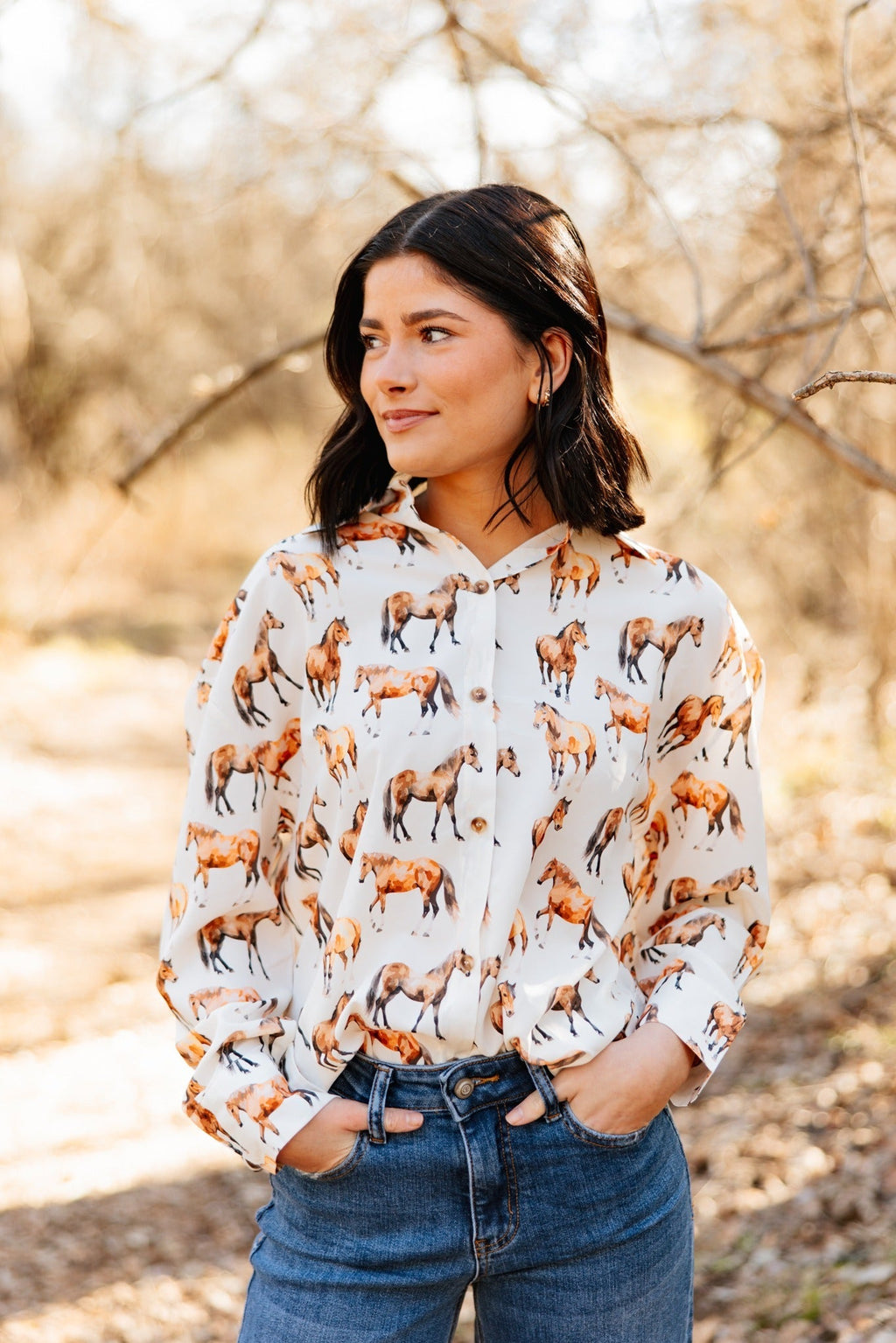 Kathryn Button-Up Shirt, Horse Print | Grace+Emma