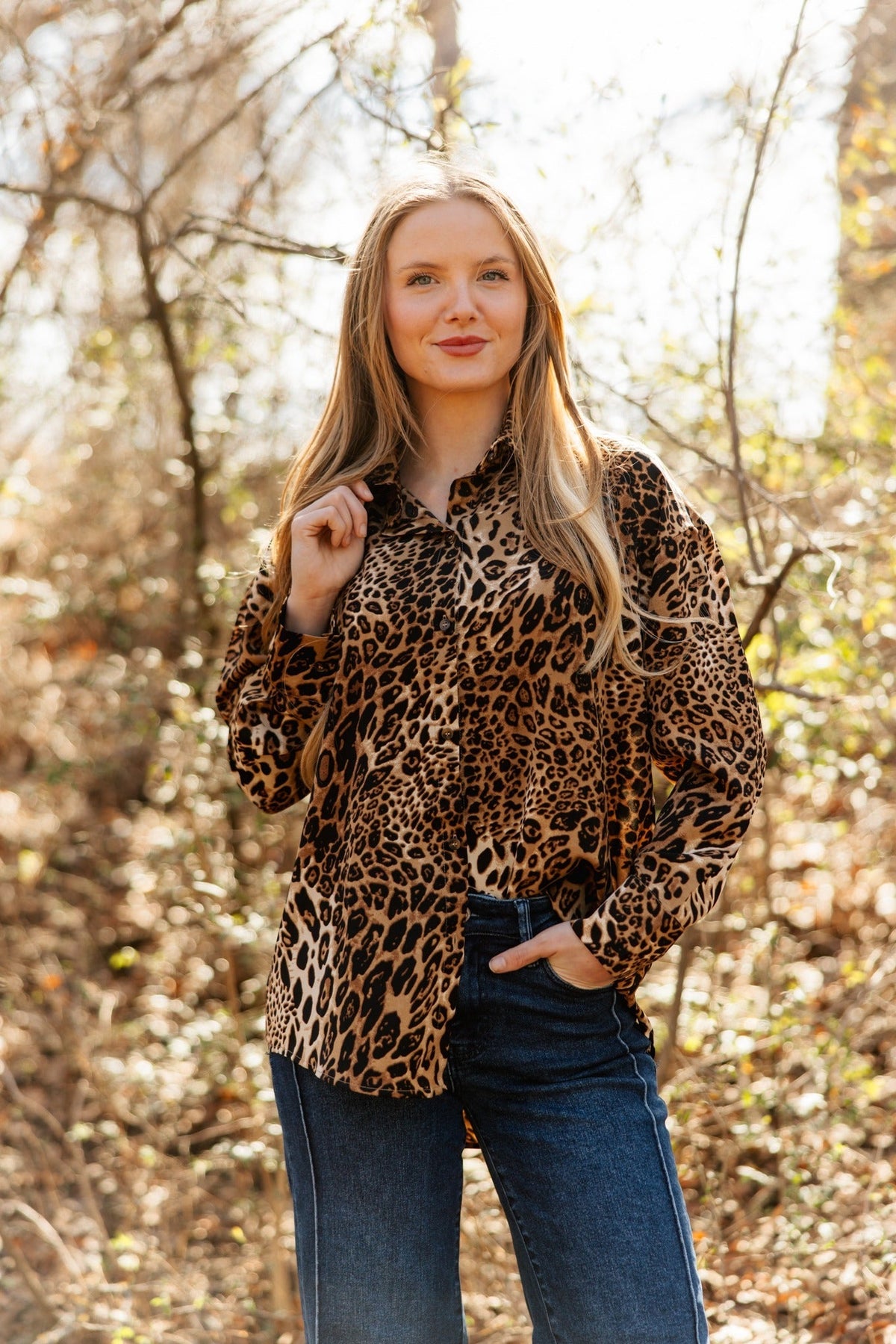 Kathryn Classic Button-Up Shirt, Leopard | Grace+Emma