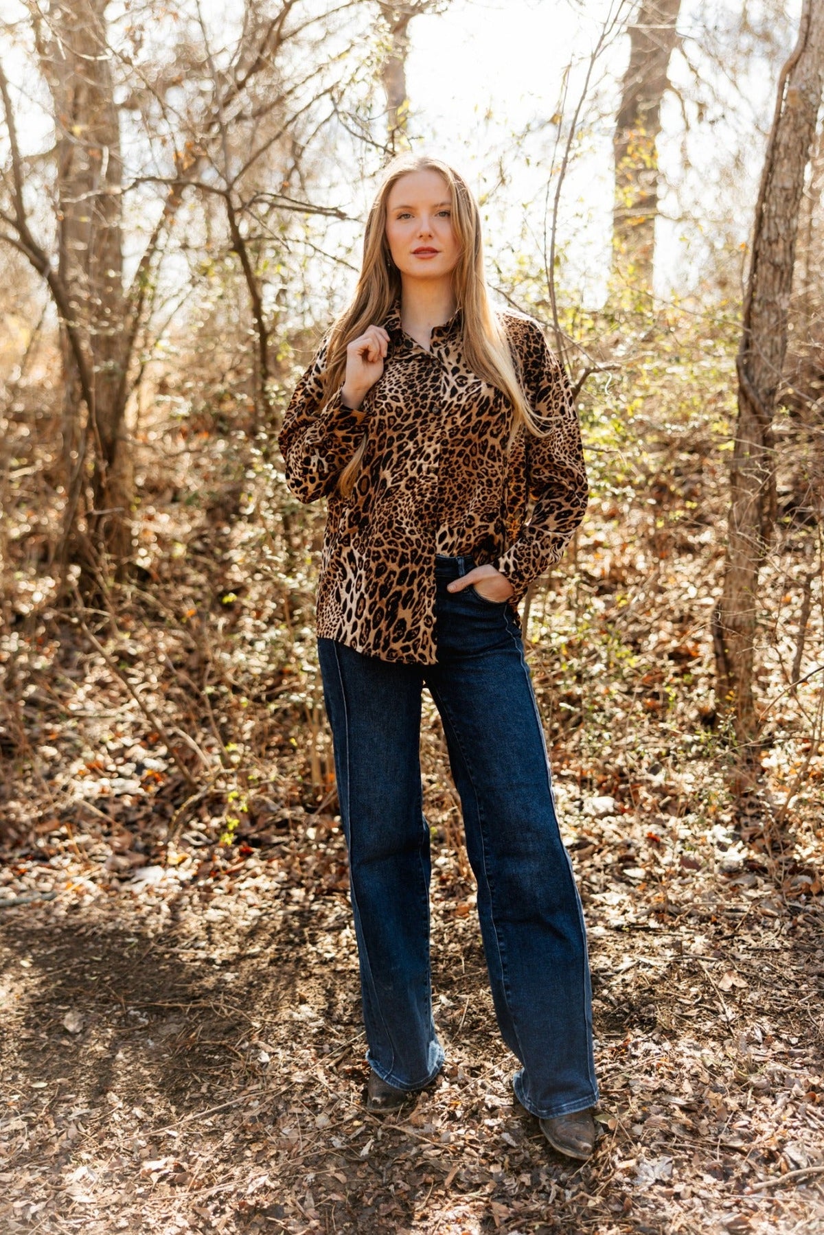 Kathryn Classic Button-Up Shirt, Leopard | Grace+Emma