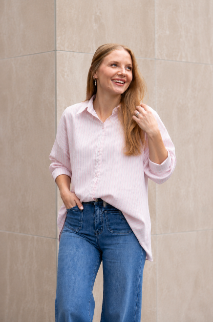 Kathryn Classic Button-Up Shirt, Striped Pink | Grace+Emma