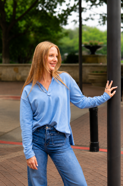 V-Neck Collared Pullover, Blue | Grace+Emma