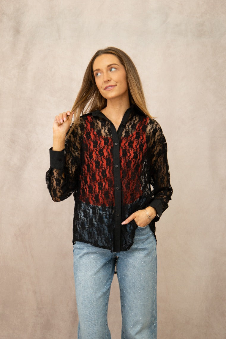 Kathryn Classic Button-Up Blouse, Black Lace | Grace+Emma
