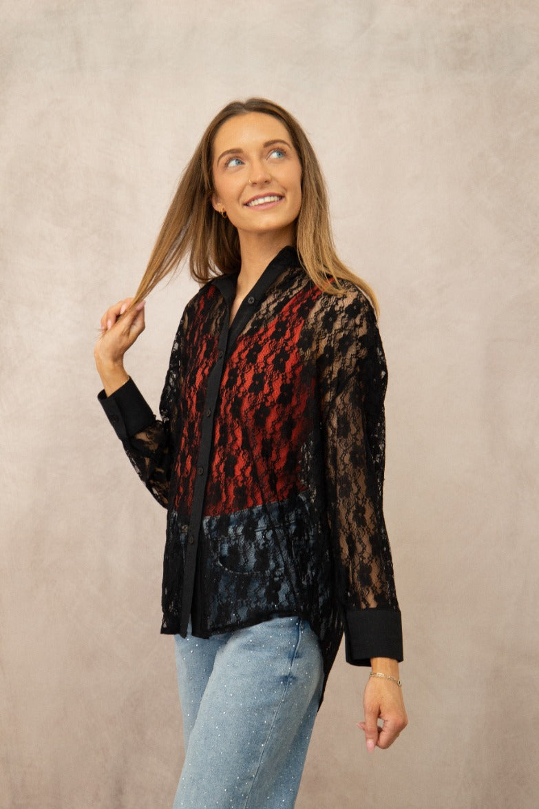 Kathryn Classic Button-Up Blouse, Black Lace | Grace+Emma
