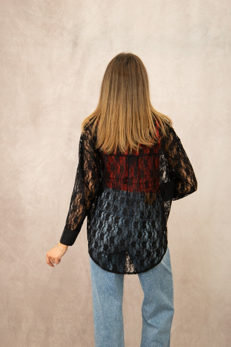 Kathryn Classic Button-Up Blouse, Black Lace | Grace+Emma