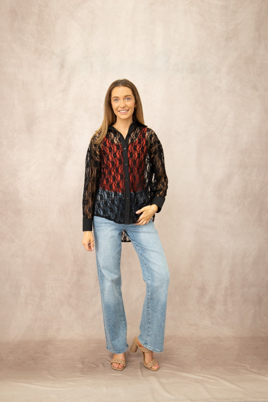 Kathryn Classic Button-Up Blouse, Black Lace | Grace+Emma