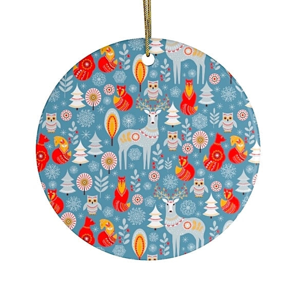 Scandinavian Folk Forest Animal Pattern Christmas Ornament, Deer, Fox, and Owl