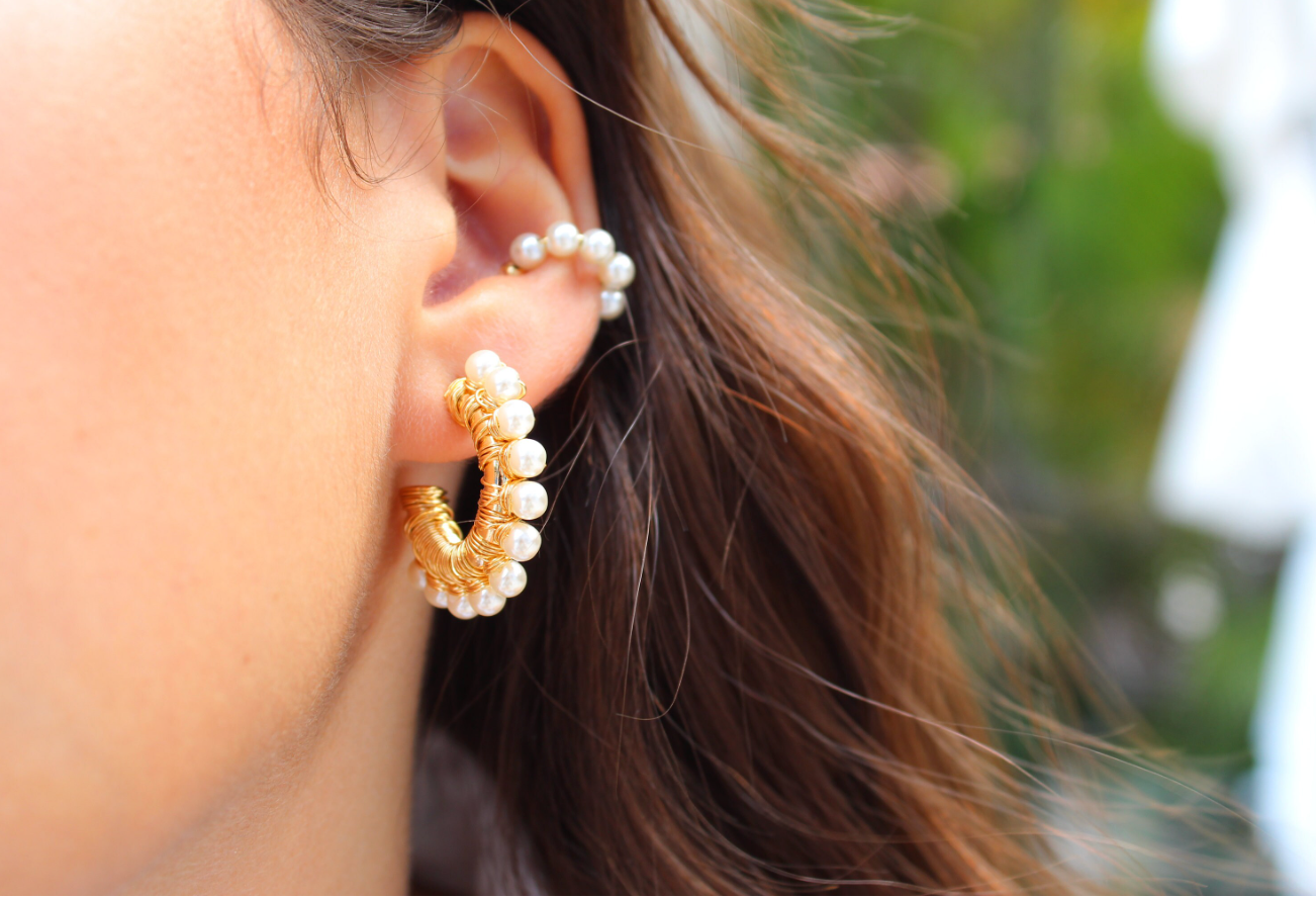 Pearl Wire Wrapped Gold Hoop Earrings & Pearl Ear Cuffs